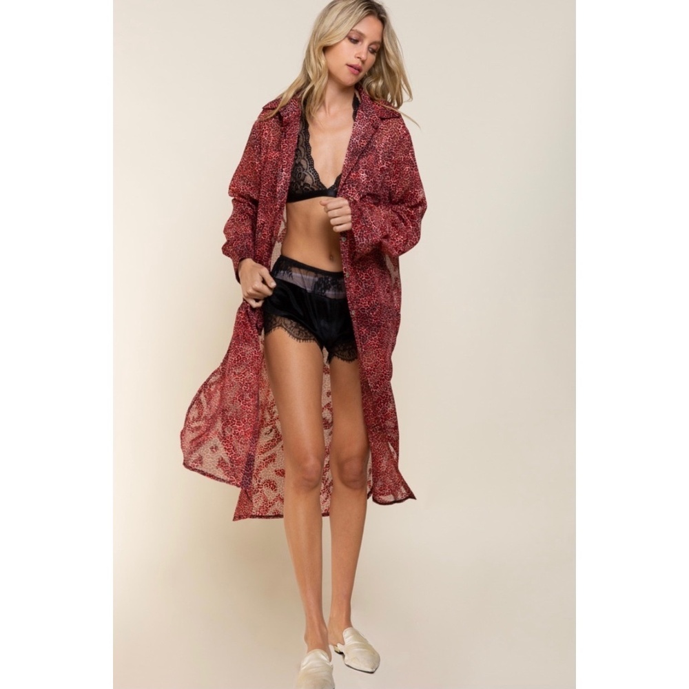 POL Red Leopard Long Sleeve Button Down Maxi Shirt - Picture 5 of 6